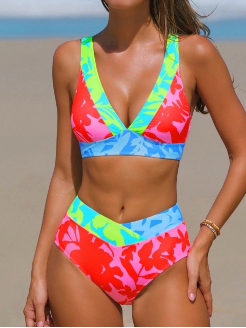 🌴🌴Tropical Colorblock V-Neck Bikini Set - Multicolor